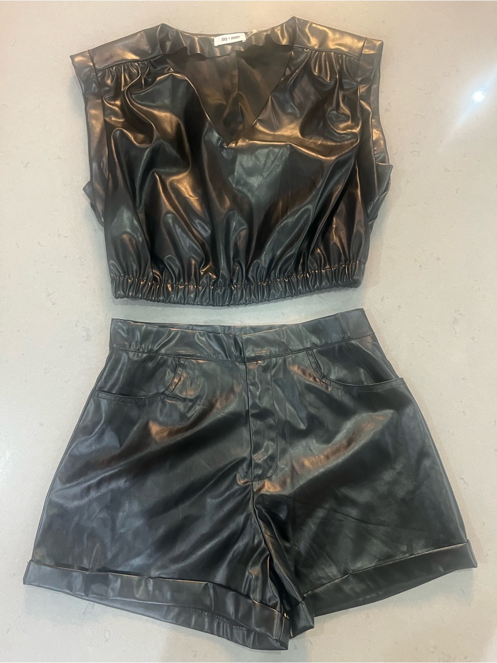 Black High-Waist Faux Leather Set